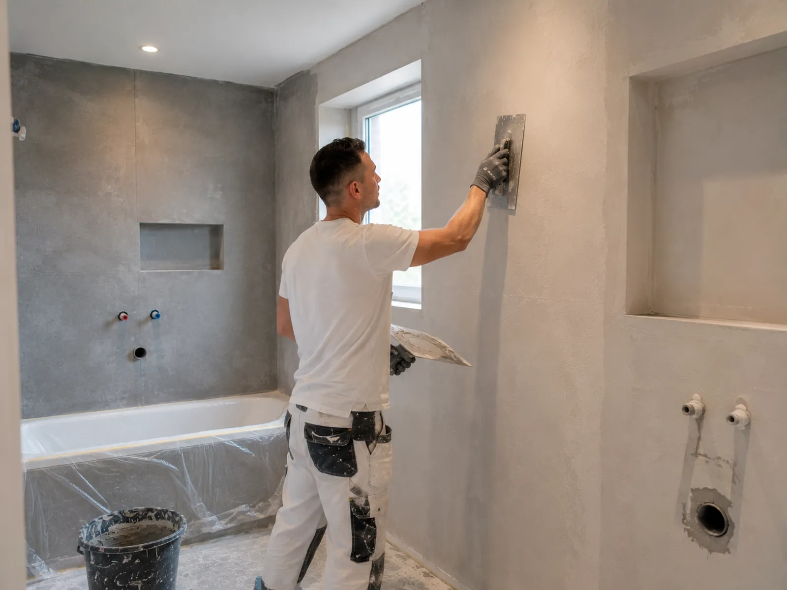 Stukadoor werkt aan vochtbestendig stucwerk in een badkamer