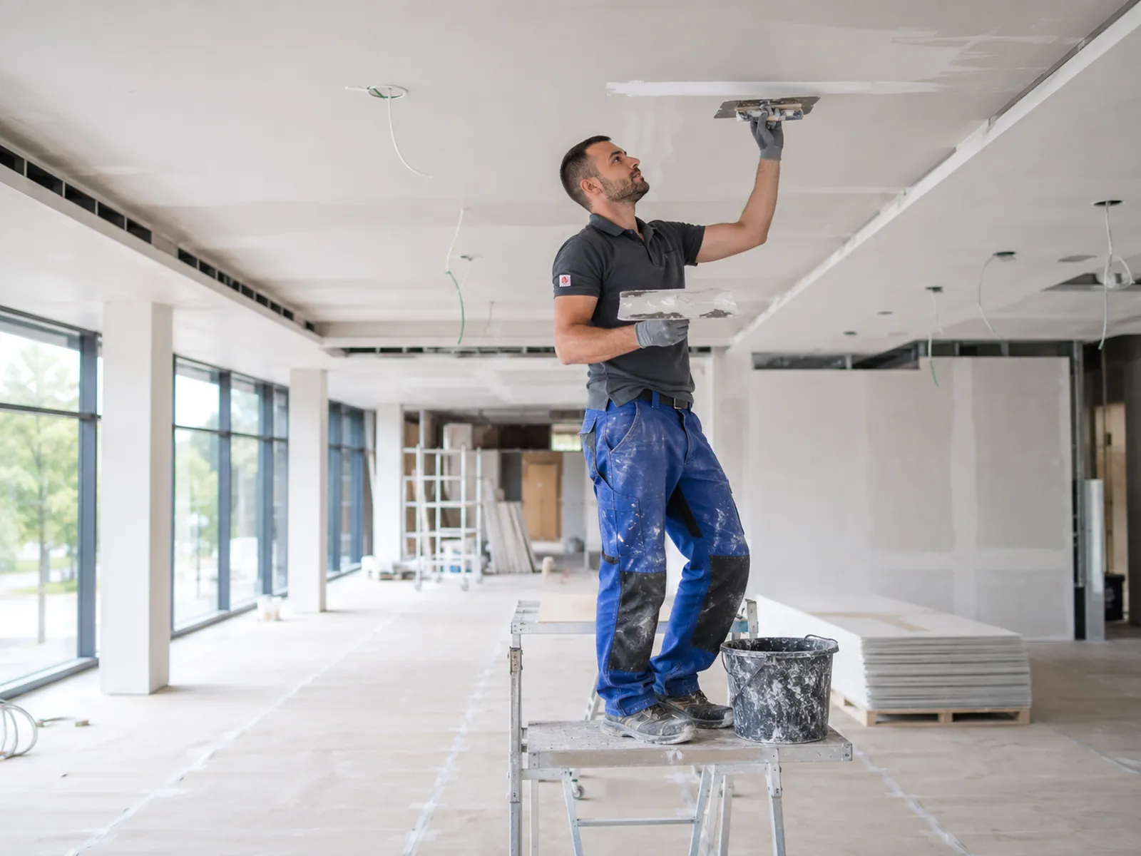Stukadoor werkt boven het hoofd aan een strak plafond