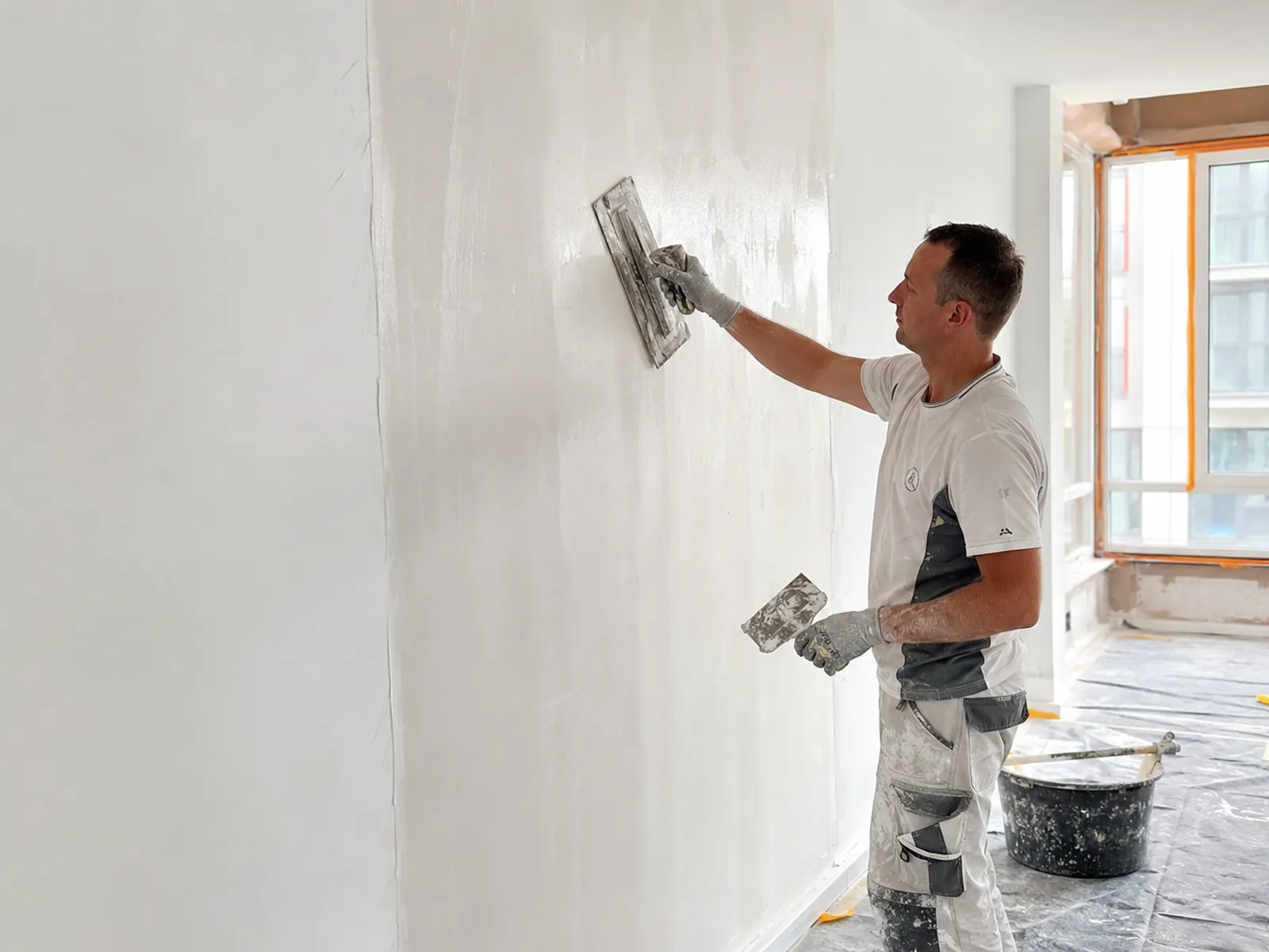 Stukadoor brengt glad stucwerk aan op een binnenwand